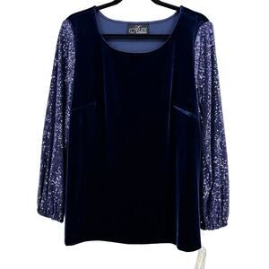 Alex Evenings Velour Sequin Sleeve Top Shirt Womens Size Large Dark Navy Blue